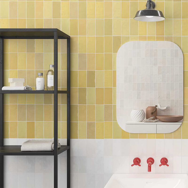 yellow bathroom vanity wall subway tile mosaic design ontario canada