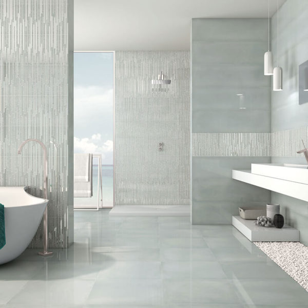 green accent wall tile floor bathroom shower decor canada