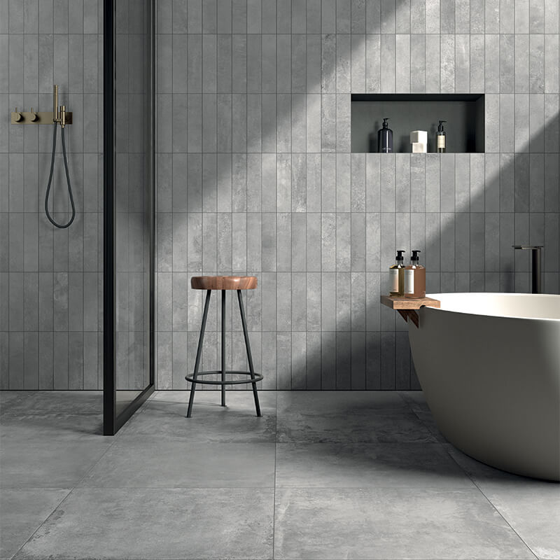 grey metallic metal wall tile floor industrial loft interior design bathroom shower holten impex toronnto ontario canada
