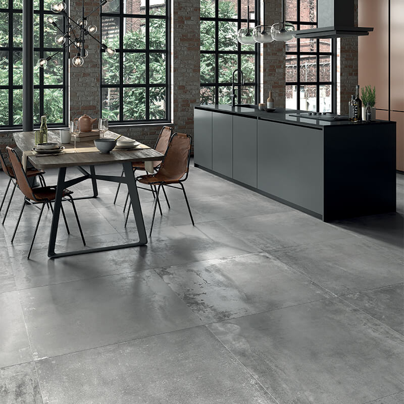grey metallic metal wall tile floor industrial loft interior design kitchen backsplash holten impex toronnto ontario canada